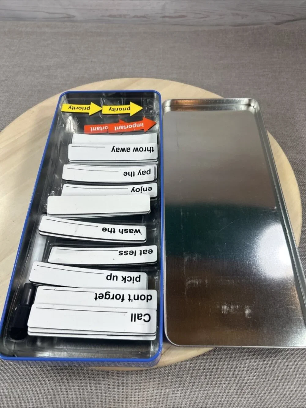 Dry Erase Reminder Magnets Retro Fridge Notes Tin Holder In storage tin with lid